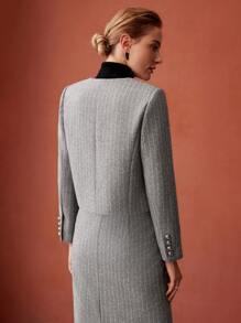 MOTF PREMIUM Len In sọc Nút phía trước Áo khoác - Xám - Xem 3