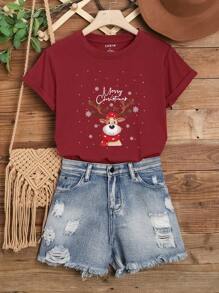 SHEIN EZwear Christmas Print Tee - Burgundy - View 1