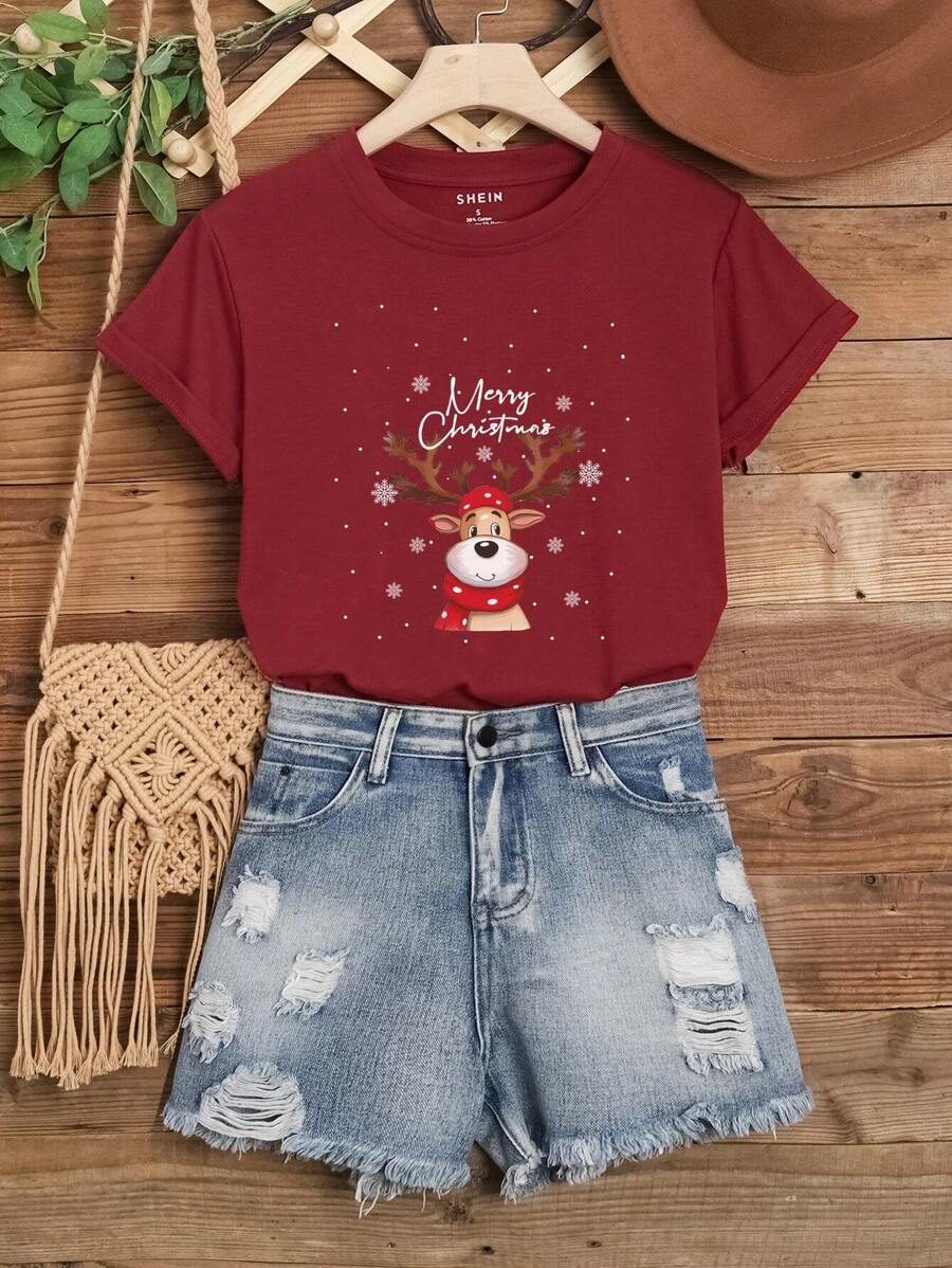 SHEIN EZwear Christmas Print Tee - Burgundy - View 1