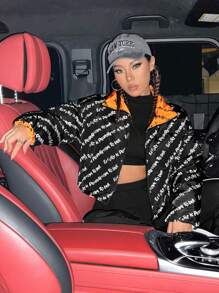 SHEIN EZwear 秋冬女款字母印花棉服外套 - 彩色 - 查看 3