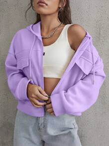 SHEIN EZwear 翻蓋細節落肩袖抽繩拉鍊開襟連帽夾克 - 紫色 - 查看 1