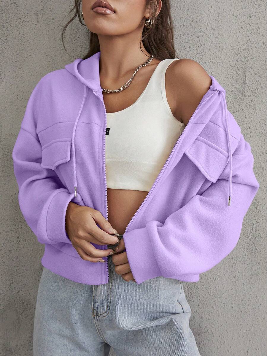 SHEIN EZwear 翻蓋細節落肩袖抽繩拉鍊開襟連帽夾克 - 紫色 - 查看 1