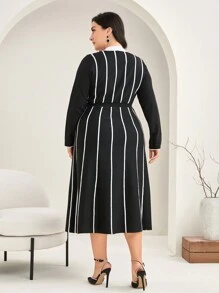 Modelyn Hơn Mẫu sọc Đầm Áo len Không có thắt lưng - Đen và trắng - Xem 2