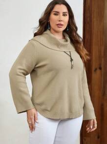 EMERY ROSE 大碼堆堆領素色套頭毛衣 - 杏色 - 查看 4