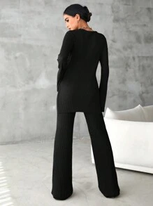 EURMUSE Solid Split Hem Tee & Flare Leg Pants - Black - View 2