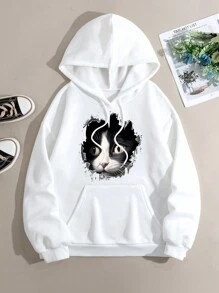 SHEIN EZwear Đồ họa Hoạt hình Túi kangaroo Dây rút Áo hoodie ấm áp - trắng - Xem 1
