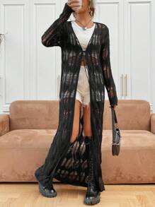 SHEIN EZwear 前繫帶落肩袖破洞開襟衫 - 黑色 - 查看 1