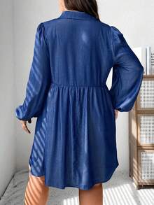 SHEIN LUNE 大碼翻蓋細節燈籠袖襯衫洋裝 - 藏蓝色 - 查看 2