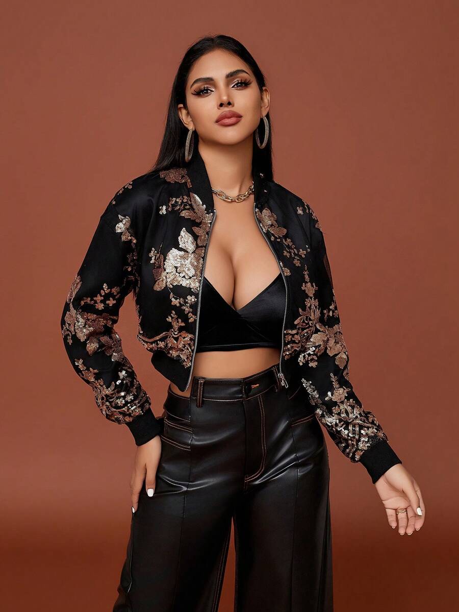 D&M Black Silver Embroidered Sequin Slim Fit Zippered Short Ribbed Cuff Long Sleeve Bomber Fall Women Jacket - Multicolor - View 1