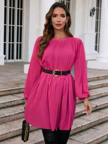 SHEIN Clasi 素色百褶細節直筒洋裝 - 玫紅色 - 查看 3