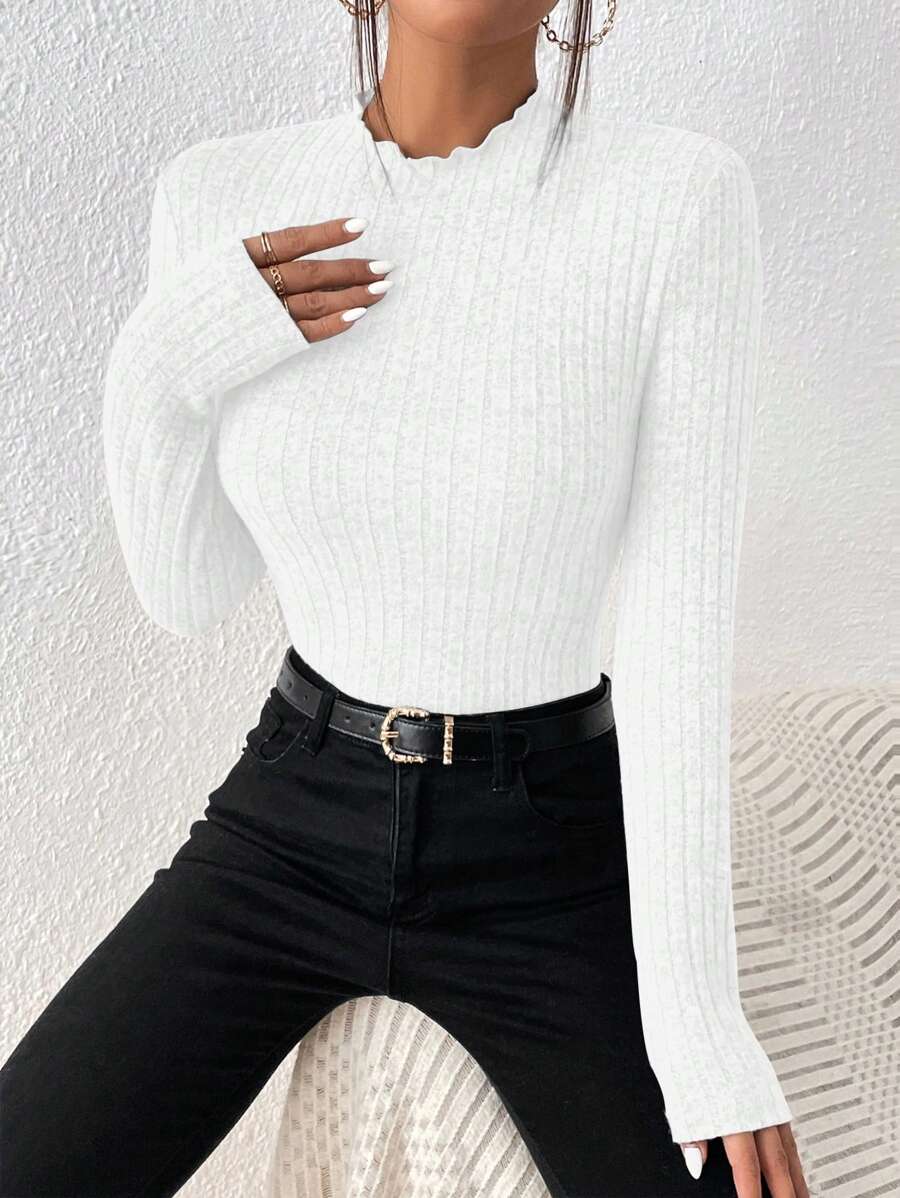 SHEIN Frenchy Mock Neck Ribbed Knit Textured Fabric Tee Winter White