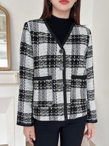 DAZY 格纹图案撞色双口袋粗花呢大衣，秋装女式夹克 - 黑與白 - 查看 3