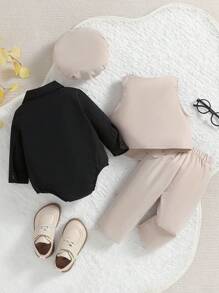 SHEIN 男嬰前蝴蝶結連身背心和褲子&&馬甲&帽 - 杏色 - 查看 3