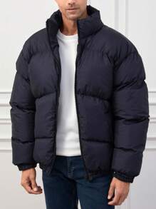 SHEIN Cottnline Men Slant Pockets Zip Up Puffer Coat - Navy Blue - View 1