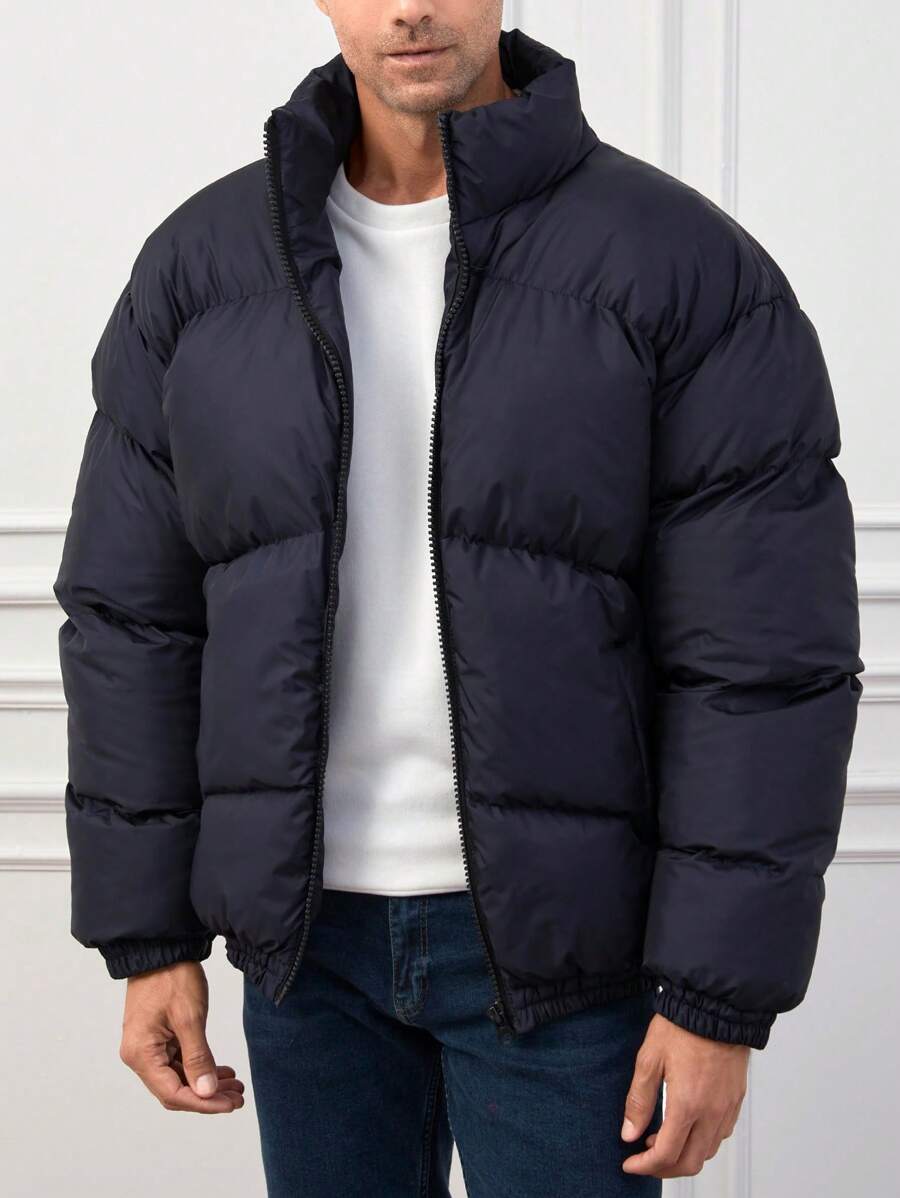 SHEIN Cottnline Men Slant Pockets Zip Up Puffer Coat - Navy Blue - View 1