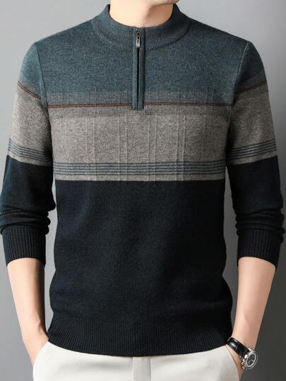 男士撞色四分之一拉链毛衣，适合秋冬季节，长袖上衣