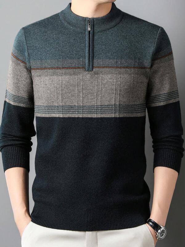 Men Color Block Quarter Zip Sweater
