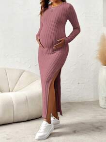 SHEIN Maternity Ribbed Knit Split Thigh Dress With Long Sleeve - Pink - View 3