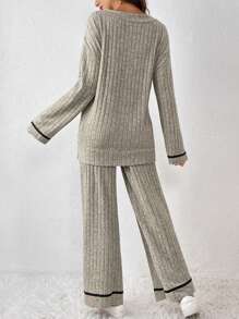 SHEIN Frenchy 拼接邊落肩T恤和褲子 - 卡其色 - 查看 2