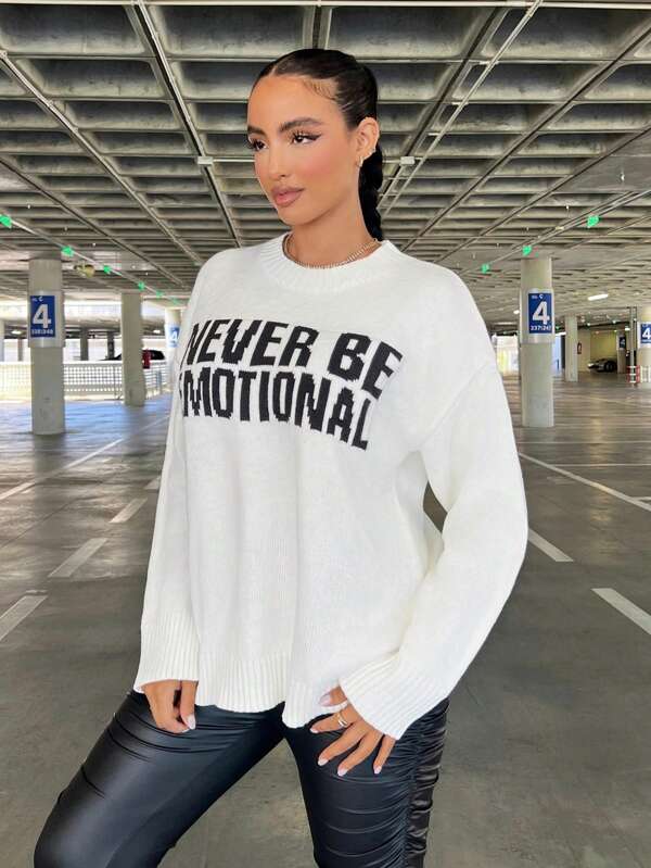SHEIN SXY Ladies' Sweater With Slogan Print Round Neck And Drop Shoulder Party