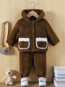 Đứa bé gái Viền tương phản áo có mũ Áo Teddy Jackets
   & Quần - Cà phê nâu - Xem 1
