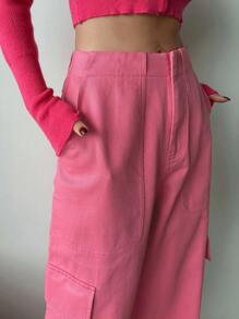 DAZY Solid Flap Pocket Side Wide Leg Pants - Pink - View 6