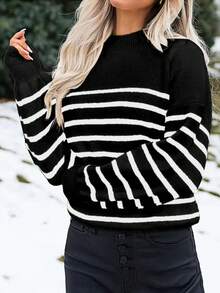 Women Striped Round Neck Batwing Long Sleeve Loose Casual Sweater, Autumn/Winter - Black and White - View 7