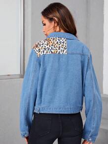 SHEIN LUNE Leopard Print Patched Pocket Denim Jacket - Medium Wash - View 2