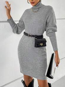 SHEIN Essnce Áo cao cổ Thả vai Đầm Áo len Không có túi thắt lưng - Xám - Xem 6