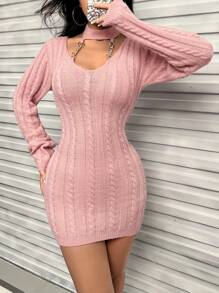SHEIN Privé Chain Detail Cut Out Cable Knit Sweater Dress - Pink - View 1