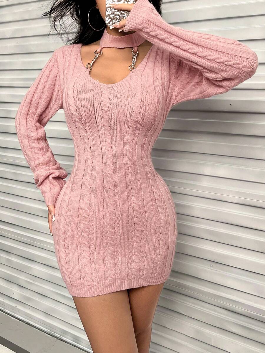SHEIN Privé Chain Detail Cut Out Cable Knit Sweater Dress - Pink - View 1