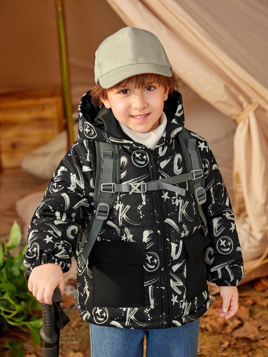 SHEIN Jeune Garçon Veste Lâche Décontracté Épaissi À Capuche Avec Motif - Noir et Blanc - Voir 1