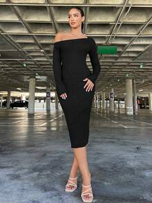 SHEIN SXY Oblique Shoulder Bodycon Women's Sweater Dress For Party - Black - View 3