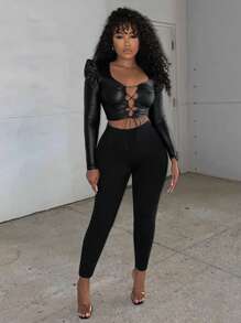 Slaydiva Casual Alpaca Sleeve Hollow-Out Tie Front Crop Black PU Coated Blouse For Women - Black - View 4