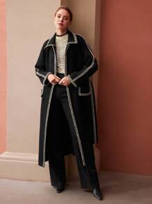 MOTF PREMIUM WOOL-BLEND CONTRAST TRIM COAT - Black - View 10