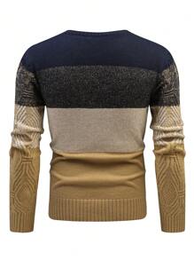 Manfinity Homme 男士撞色几何图案毛衣，秋冬季长袖上衣 - 卡其色 - 查看 2