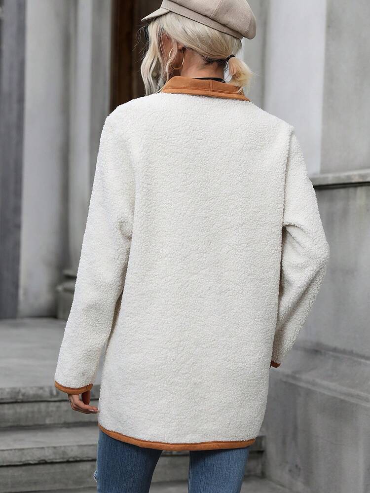 Contrast Binding Button Front Teddy Coat Without Belt