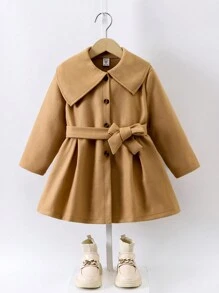 SHEIN 女小童誇大領口腰帶花呢外套 - 駝色 - 查看 1