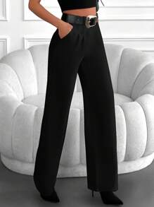 EURMUSE Cotton Solid Slant Pocket Suit Pants Without Belt - Black - View 5