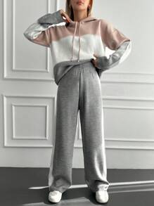 EURMUSE Plus Color Block Drop Shoulder Drawstring Hooded Sweater & Knit Pants - Multicolor - View 3
