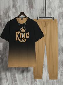 Manfinity Homme 男士字母圖案漸層T恤&腰部抽繩長褲 - 卡其色 - 查看 3