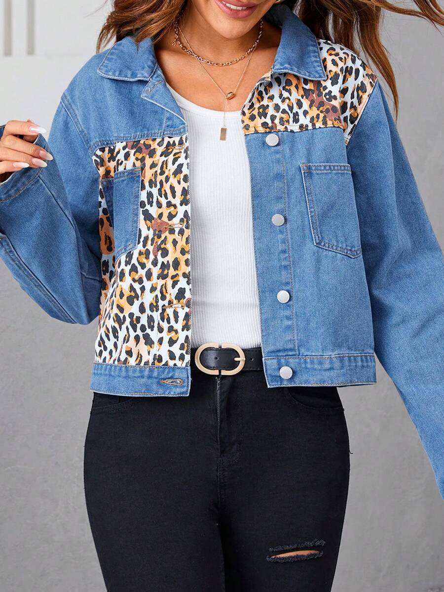 SHEIN LUNE Leopard Print Patched Pocket Denim Jacket - Medium Wash - View 1