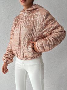 EURMUSE Zip Up Hooded Sequin Puffer Coat - Pink - View 4