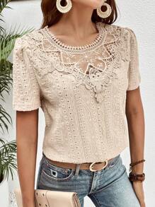 SHEIN Frenchy Guipure Lace Insert Eyelet Embroidery Blouse Summer Casual - Apricot - View 4