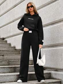 EURMUSE Letter Graphic Drop Shoulder Hoodie & Sweatpants - Black - View 4