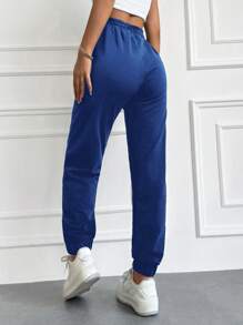 RueChic Solid Drawstring Waist Slant Pocket Sweatpants - Blue - View 2