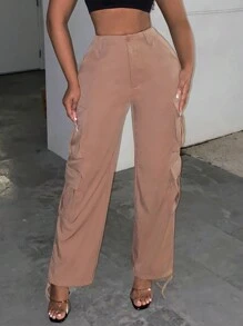 Slaydiva Pantalones cargo con bolsillo lateral con solapa - Marrón - Ver 1