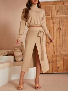 Simplee High Waist Tie Side Wrap Skirt - Khaki - View 1
