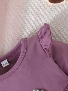 女嬰印花荷葉邊前蝴蝶結花邊下擺上衣和褲子 - 紫色 - 查看 7