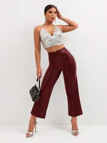 RueChic Solid Flare Leg Leather Look Pants - Coffee Brown - View 5